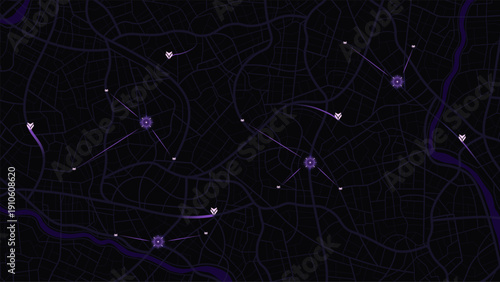 Location markers on futuristic city map interface with glowing purple. Vector illustration.