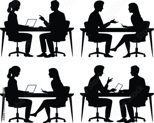 Black silhouettes of business people sitting at desks and communicating in various office scenarios.