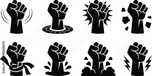 Various stylized fists symbolizing different forms of protest and power expressions