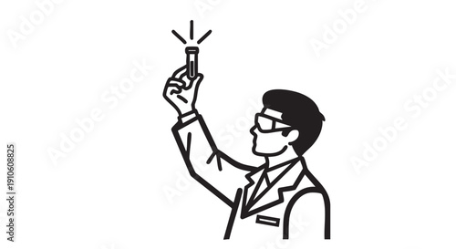 Man in lab coat holding a test tube up to the light, examining its contents closely in a scientific setting.
