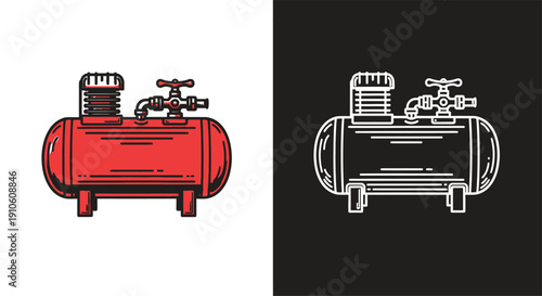 Illustration of an air compressor tank with valves and gauges.