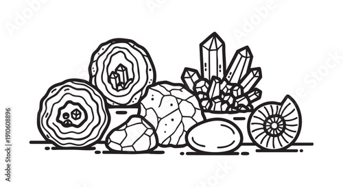 An illustration featuring various crystals and gemstones arranged together on a surface from a front viewpoint