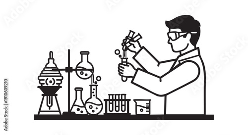 Scientist Conducting Experiment in Laboratory Setting with Various Equipment and Beakers