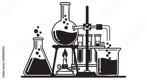 Laboratory equipment setup for a chemistry experiment in a research facility from a straightforward viewpoint