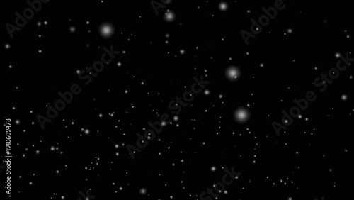 Abstract Black Starry Night Background with Floating White Particles.