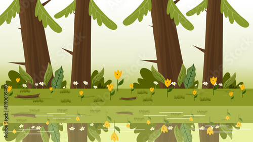 lakeside forest view with reflection of tall trees in clear water