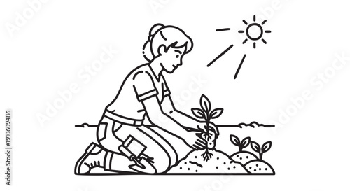 A woman kneeling in the garden, planting a seedling under the warm sunlight