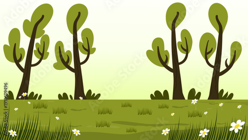 simple park landscape with two groups of trees on green grass