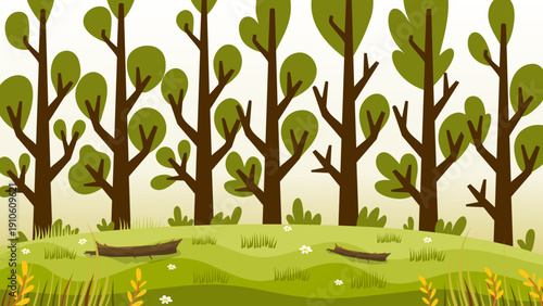 beautiful green forest landscape with tall leafy trees and fallen wooden logs