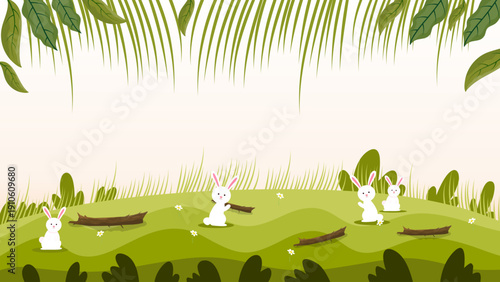 cute white rabbits playing on green grassy hill under tropical palm leaves