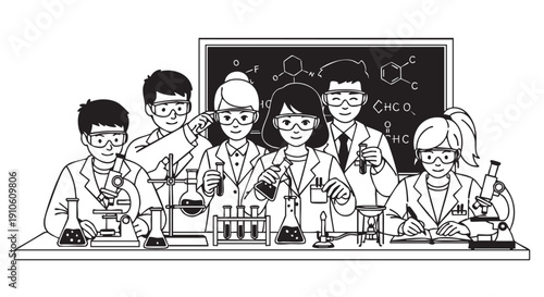 Scientists conducting experiments at a laboratory bench with various equipment and chemical formulas on a blackboard behind them