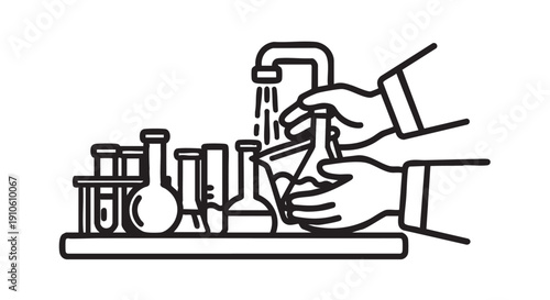Laboratory hands washing glassware under running faucet water
