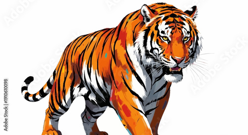 Majestic Bengal tiger walking with powerful grace and striped fur.