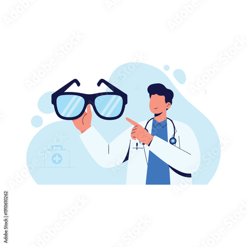 Flat Vector Illustration for Eye Care Medical Web Design, Healthcare Apps, and Eye Clinic Print Marketing. Professional Optometrist Doctor Holding Eyeglasses for Vision Care Concept. 