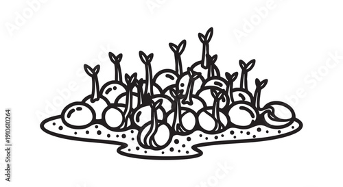 Sprouting seeds on a plate, a simple black and white illustration of growth and development