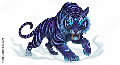 Majestic Blue Tiger Illustration with Glowing Eyes and Stripes.