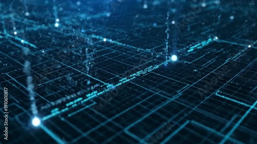 Tech Network Intro, High-tech grid animation with connecting lines and glowing data particles, perfect for IT companies or digital startups