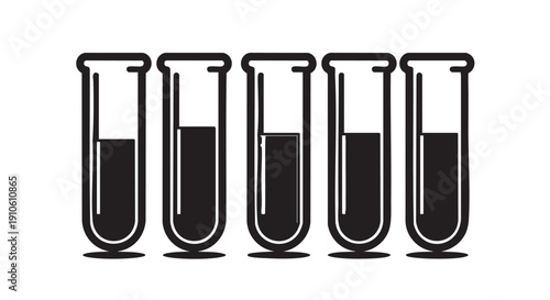 Laboratory test tubes filled with varying levels of dark liquid in a row on a plain surface