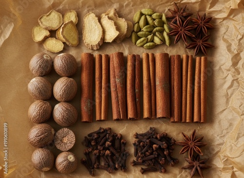 Wallpaper Mural Arrangement of Whole Spices Including Cinnamon Sticks Star Anise Cardamom Nutmeg Cloves and Ginger Slices on Brown Paper Torontodigital.ca