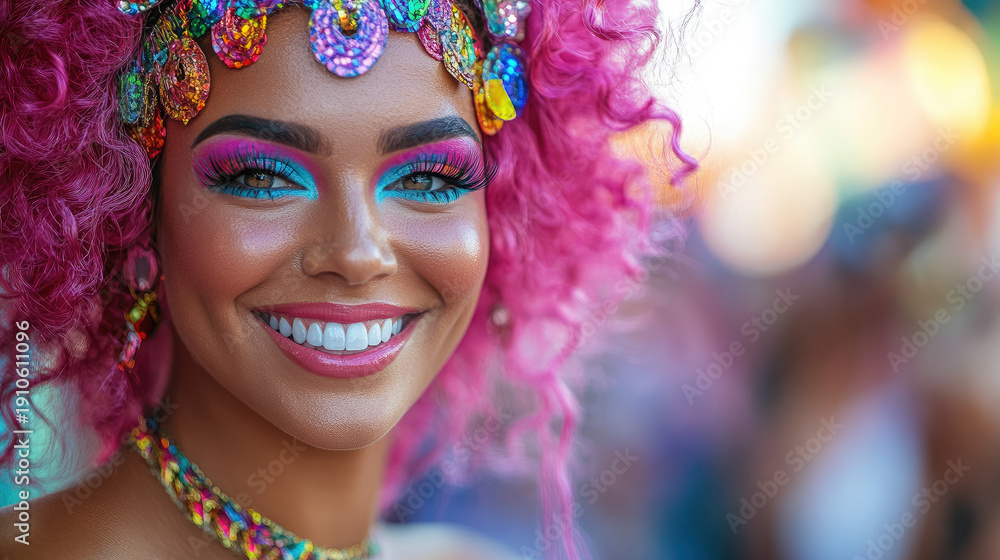 Naklejka premium Young woman at Brazilian carnival, beautiful smiling drag queen model in pink wig with bright makeup on blurred background of Mardi Gras carnival in New Orleans, festival, holiday, girl in costume
