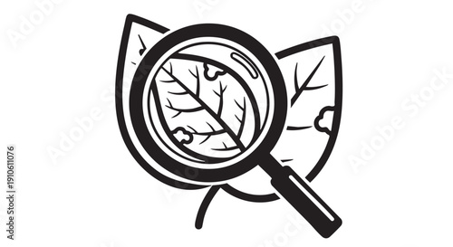 Magnifying glass examining a leaf with visible veins in a detailed illustration
