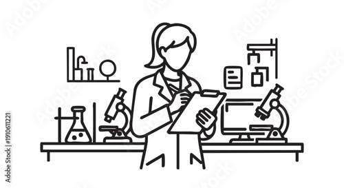 Scientist analyzing data in a laboratory setting with various equipment and a computer