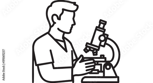 Scientist examining specimen through microscope in laboratory setting from side view