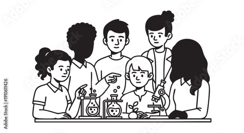 Students gathered around a table conducting a science experiment together in a collaborative learning environment