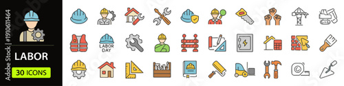 Collection of Labor Icons Representing Various Tools and Occupations