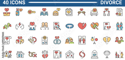 Collection of colorful icons representing various aspects of love, relationships, and divorce displayed on a clean white background from a straightforward viewpoint.