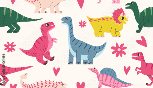 Jurassic hand drawn dino playful seamless pattern. Cartoon dinosaurs background. Flat vector for children