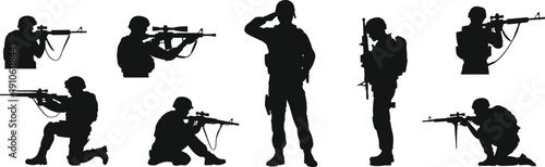 Set of black military soldier silhouette vector illustrations in combat poses isolated on white background for security design, defense graphics, tactical branding, and creative projects