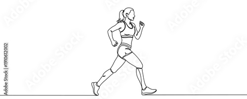 Woman running in one line art style. Runner drawing with black stroke on white background. Vector illustration.