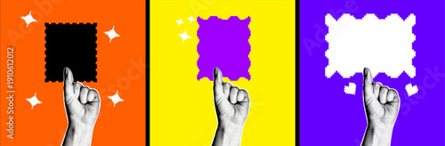 A creative pop art illustration featuring halftone hands holding blank stamps in a pixelated style. Retro concept.