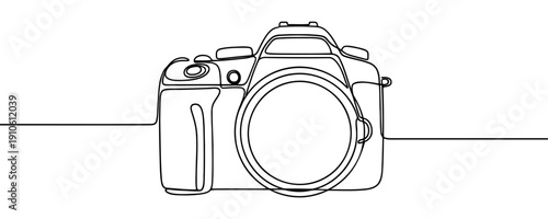 Photo camera in one line art style. Camera drawing with black stroke on white background. Vector illustration.