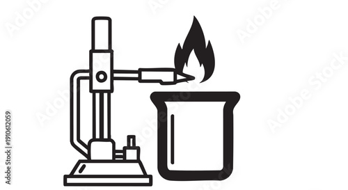 Laboratory equipment setup with a Bunsen burner heating a container with a flame in a scientific environment from a straightforward viewpoint