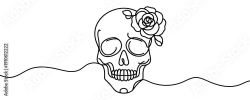 Human skull with a rose flower in one line art style. Minimalist illustration of death and beauty symbol drawn with one continuous black line. Vector illustration.