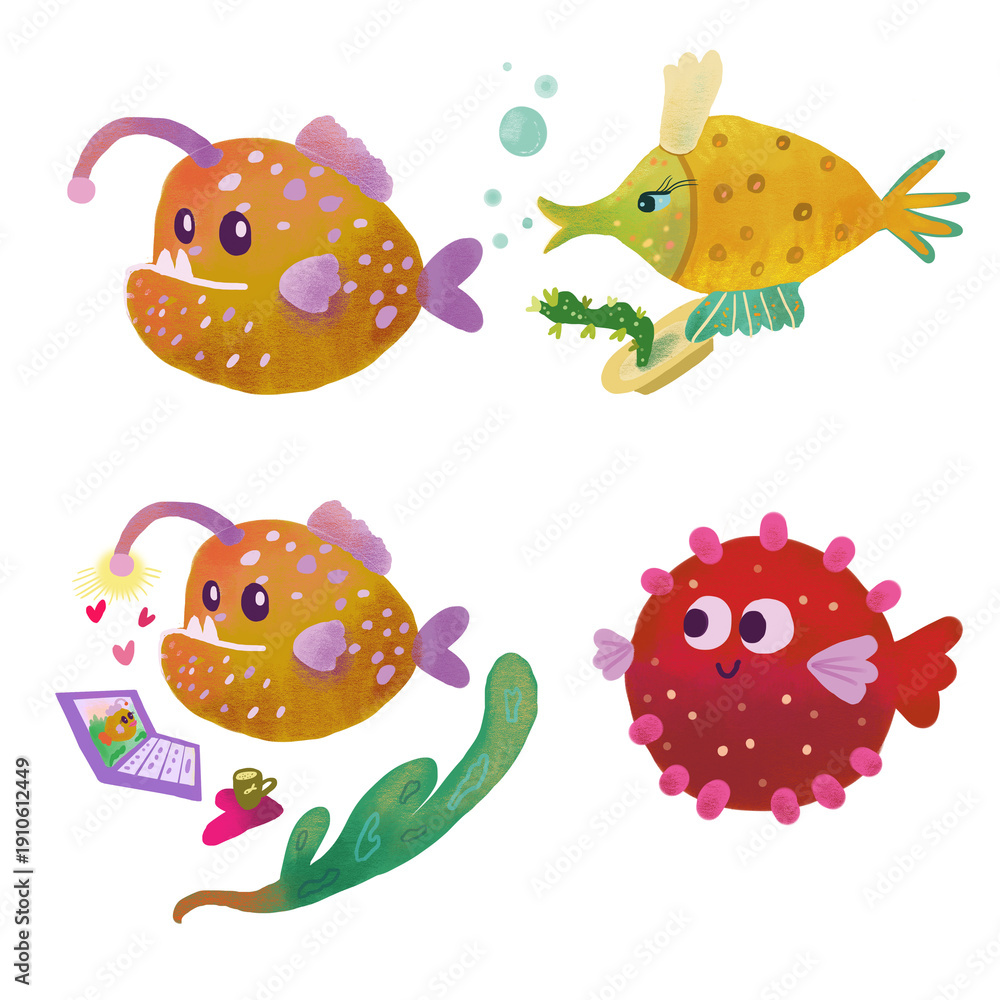 Fototapeta premium Summer Sea Life Clipart Set with Funny Anglerfish and Whimsical Ocean Creatures. These hand-drawn ocean characters are perfect for summer greeting cards, children's book illustrations, stickers