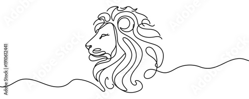 Lion head with a lush mane in one line art style. Minimalist illustration of a majestic wild cat drawn with one continuous black line. Vector illustration.
