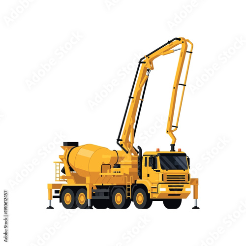 A yellow concrete pump truck pours cement through a long boom on a construction site outdoors.