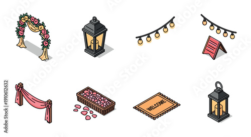 A collection of wedding and event decoration elements including floral arch, lanterns, welcome mat, and string lights in colorful vector style, perfect for event planning and invitations