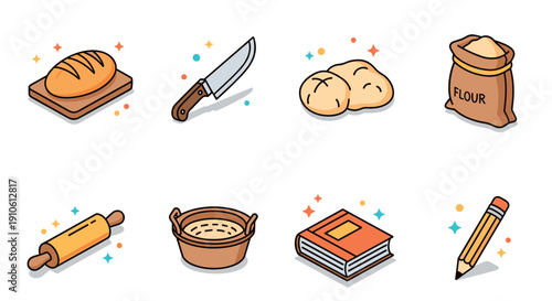 A collection of baking essentials including bread, knife, dough, flour, rolling pin, and cookbook in modern flat vector style, perfect for culinary design projects