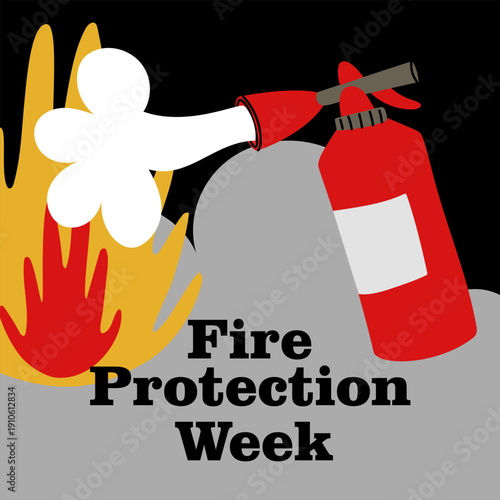 Fire Protection Week square banner with red extinguisher and foam. Flat vector illustration for rescue service social media, professional safety posters or firefighting design projects