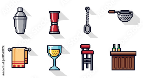 A collection of cocktail and bar icons including a shaker, glass, strainer, and stool in flat modern pixel style, ideal for bar and restaurant design