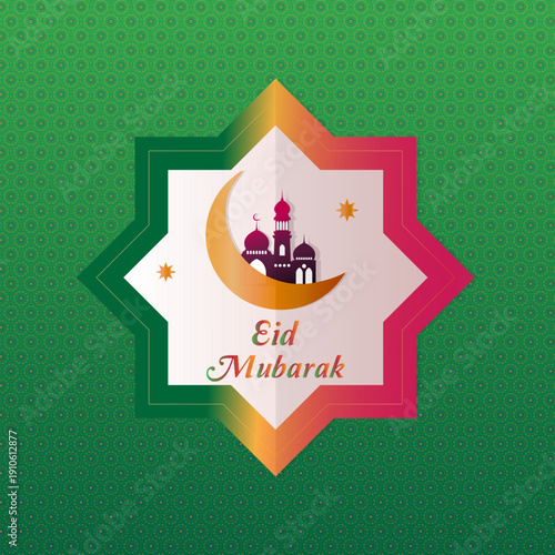 Eid Mubarak greeting card with mosque silhouette, crescent moon, and stars on green geometric background.