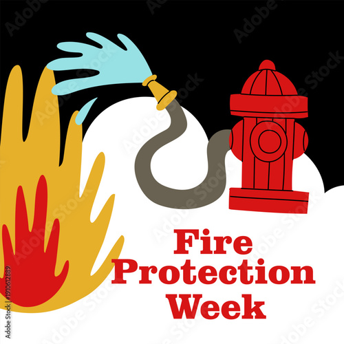 Fire Protection Week square banner with red hydrant and water hose. Flat vector illustration for rescue service social media, professional safety posters or firefighting design projects