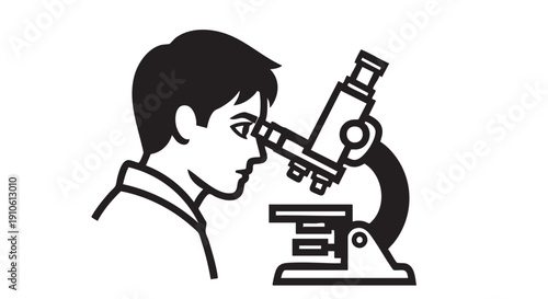 A person examining a specimen through a microscope in a laboratory setting from a side view