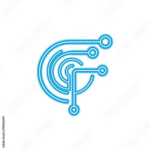 Blue circuit board illustration with glowing lines and circles on white background