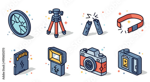 A collection of photography equipment icons including a camera, tripod, and lens in modern flat vector style, suitable for tech and creative projects