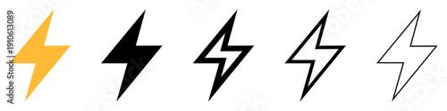 A set of five lightning bolt icons in various styles. Universal symbols of electricity, energy, and speed on a white background. Vector illustration.
